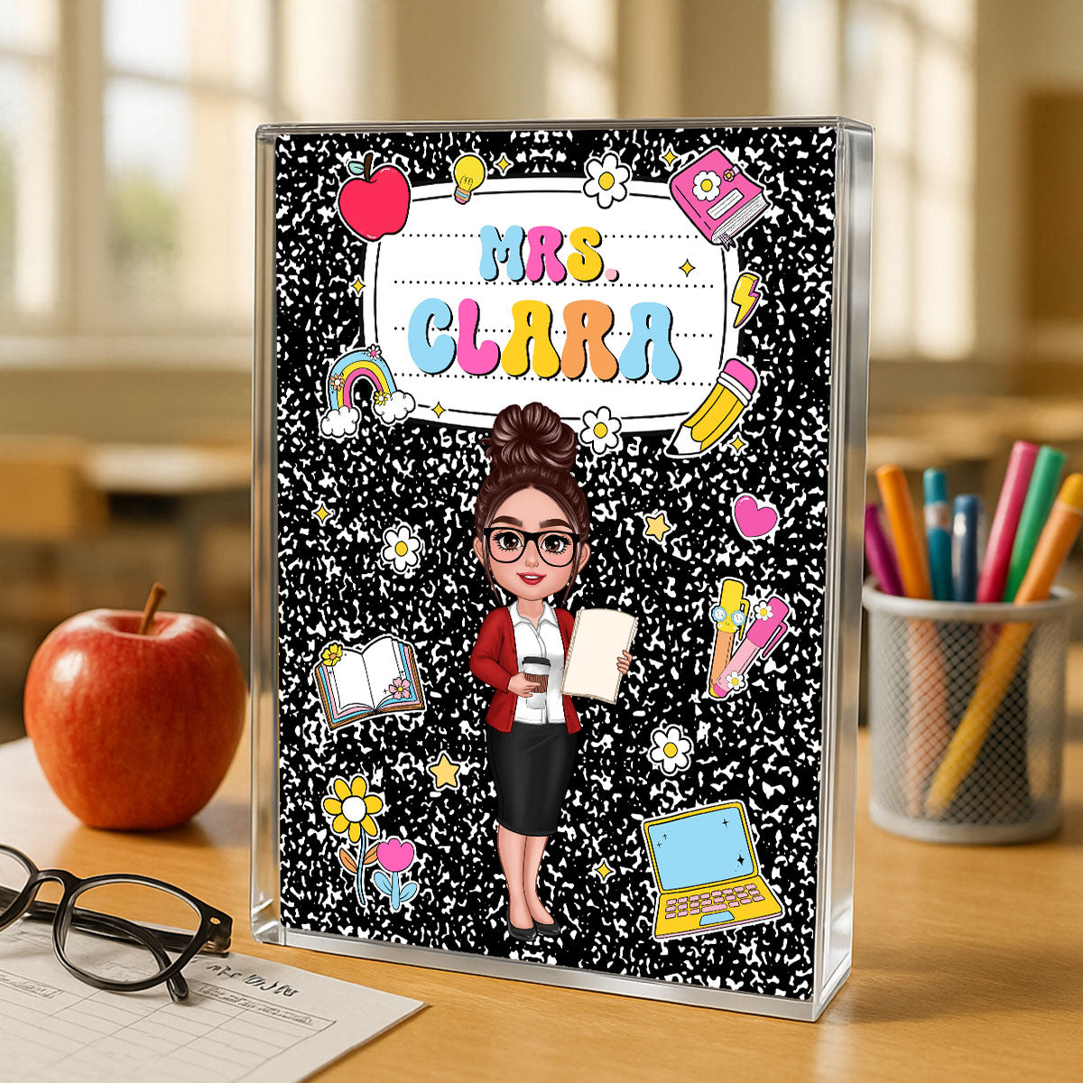 Teacher Composition Book Pattern Personalized Rectangle Acrylic Block, Gift For Teacher