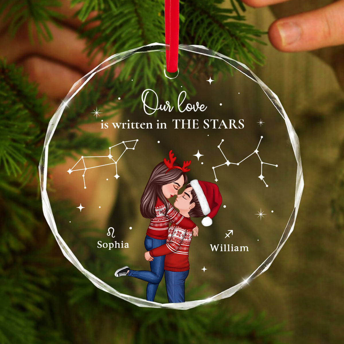 Couple Hugging Kissing Zodiac Sign Personalized Glass Ornament, Christmas Gift For Him For Her