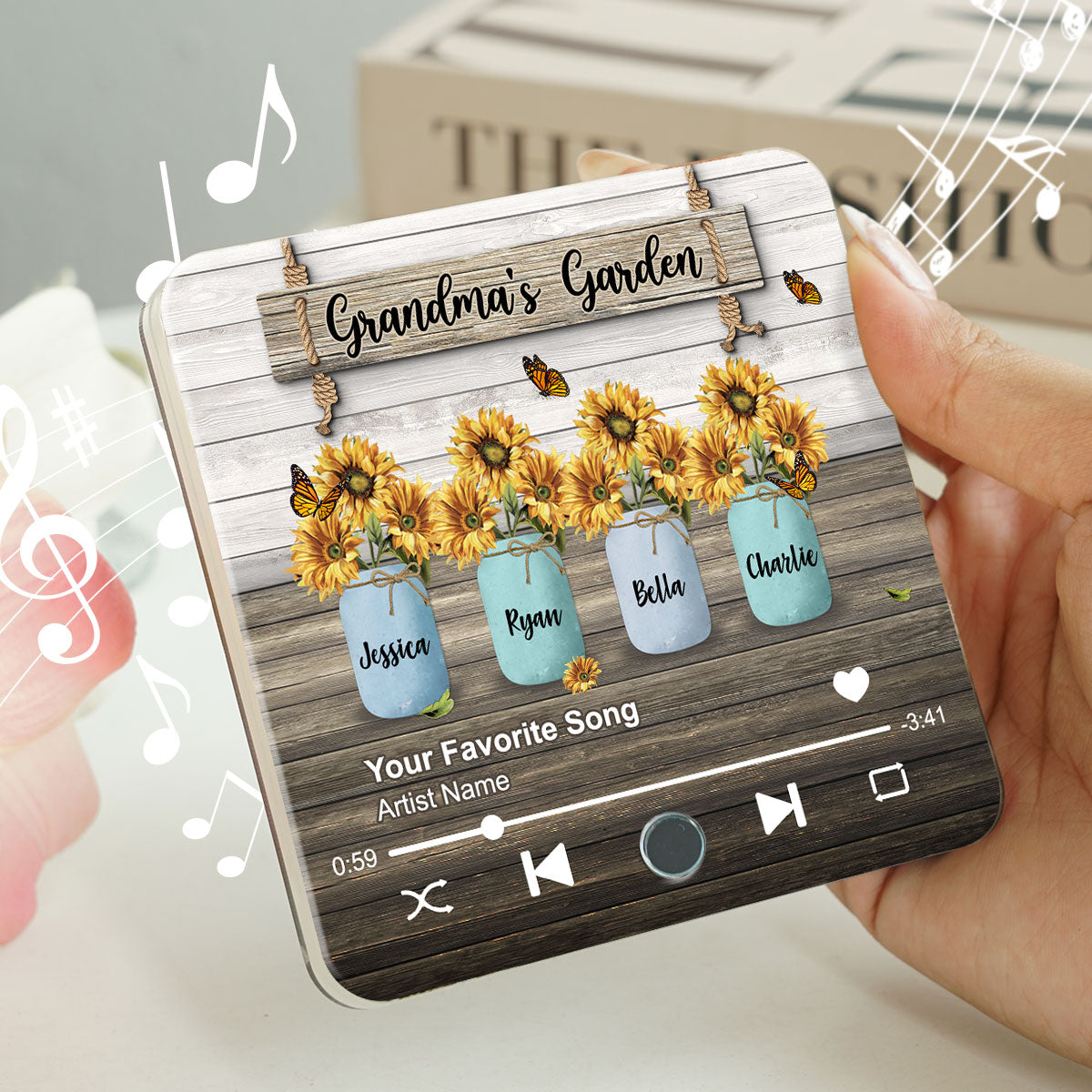 Grandma Garden Sunflower Vase Personalized Music Fridge Magnet, Heartfelt Gift for Grandma, Mom