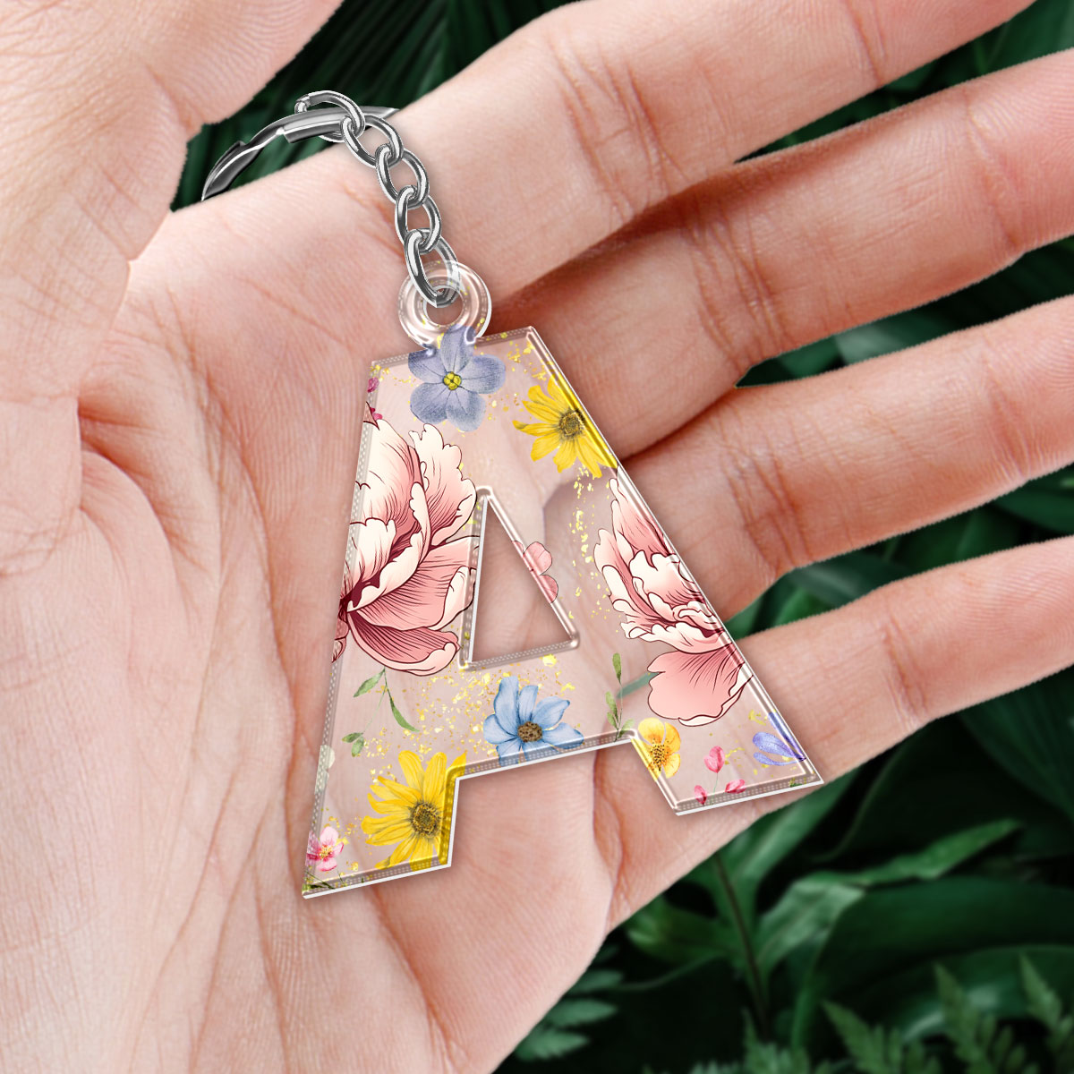 Birth Month Flower Initial Letter Personalized Acrylic Keychain, Gift For Her