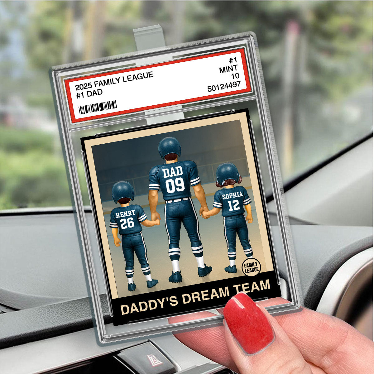 Football No. 1 Dad Man & Kids Trading Card Style Personalized Acrylic Car Visor Clip