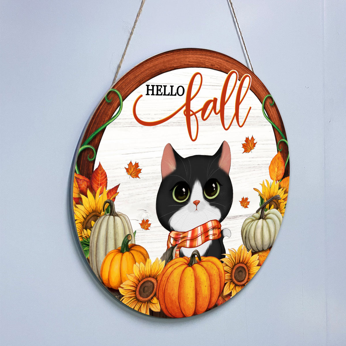 Hello Fall Watercolor Cute Cats Personalized Wood Sign