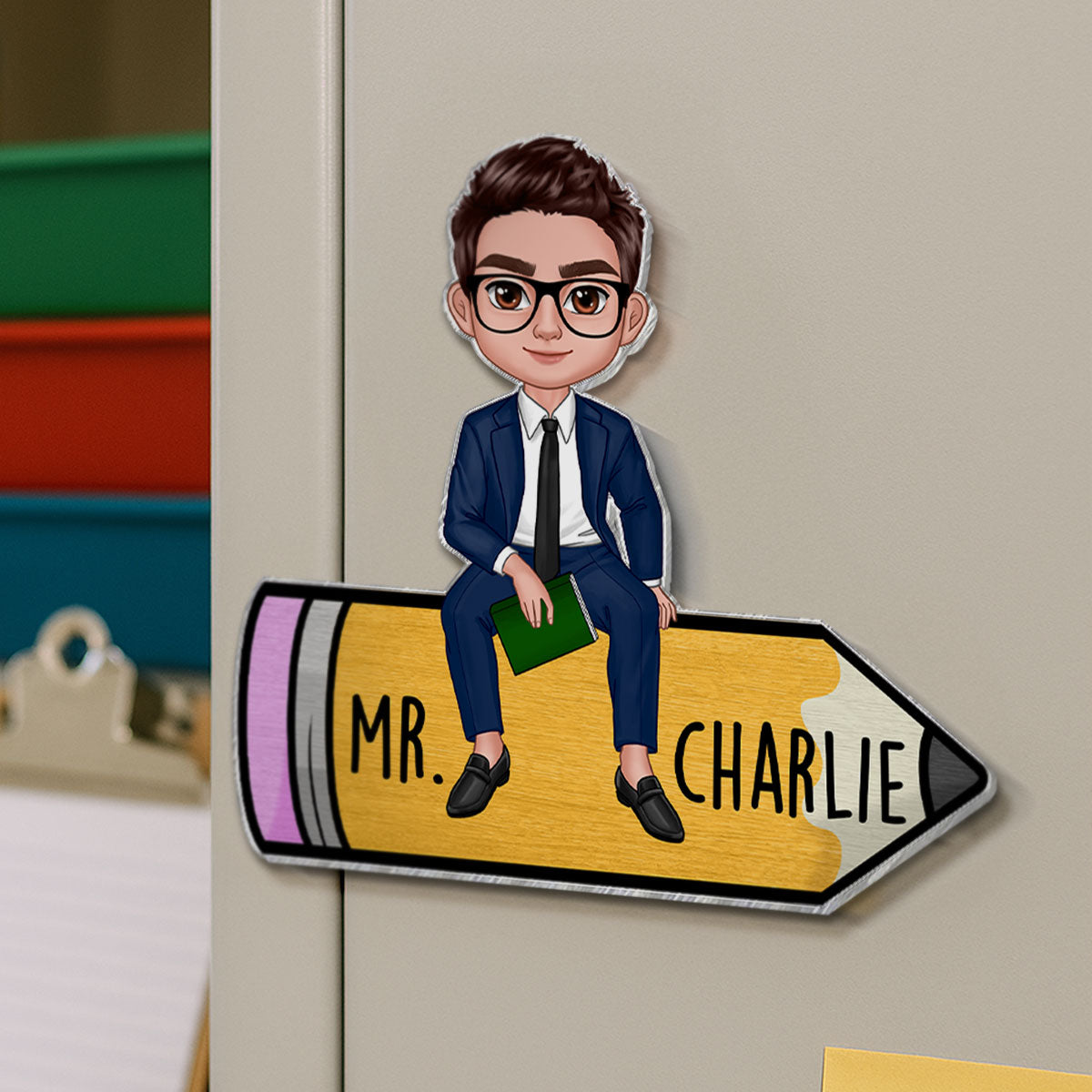 Teacher Sitting On Pencil Personalized Whiteboard Magnet, Classroom Decor