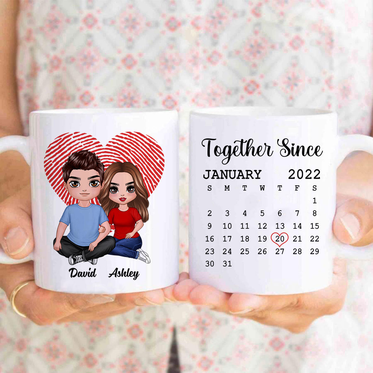 Fingerprint Heart Embracing Doll Couple Sitting Calendar Anniversary Date Gift For Him For Her Personalized Mug