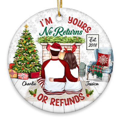 Pajamas Couple Back View Sitting At Fireplace I‘m Yours No Returns Or Refund Personalized Circle Ornament
