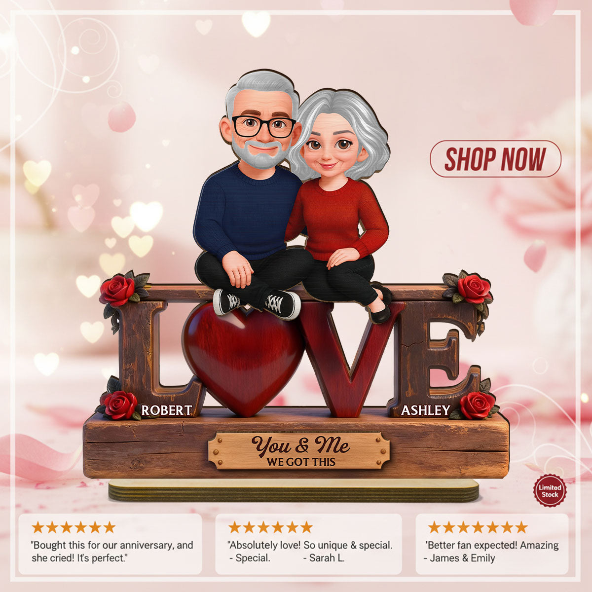 Roses LOVE Couple Sitting Embracing - Personalized 2-Layered Wooden Plaque - Valentine's Day Gift For Couple, For Him, For Her