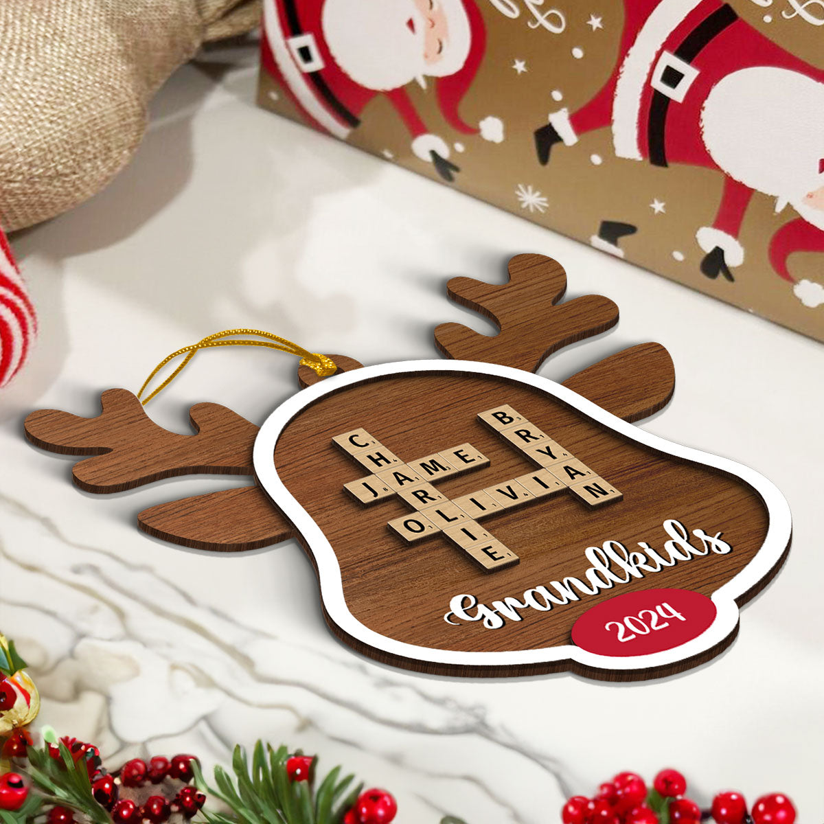 Grandkids Names Reindeer Crossword Puzzle Art Personalized 2-Layer Wooden Ornament, Christmas Gift For Grandma