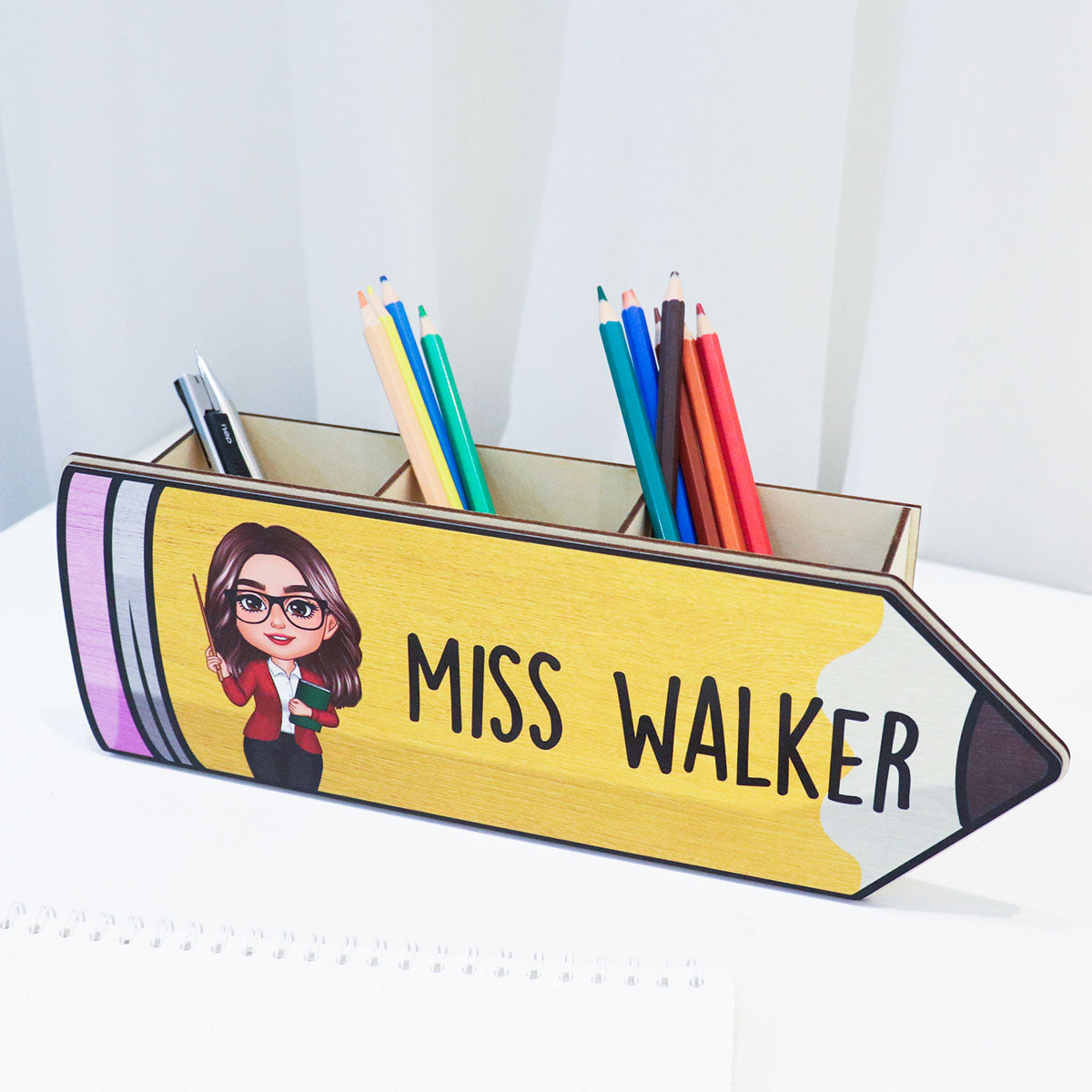 Happy Doll Teacher Personalized Wooden Pen Pencil Holder, Back To School Gift