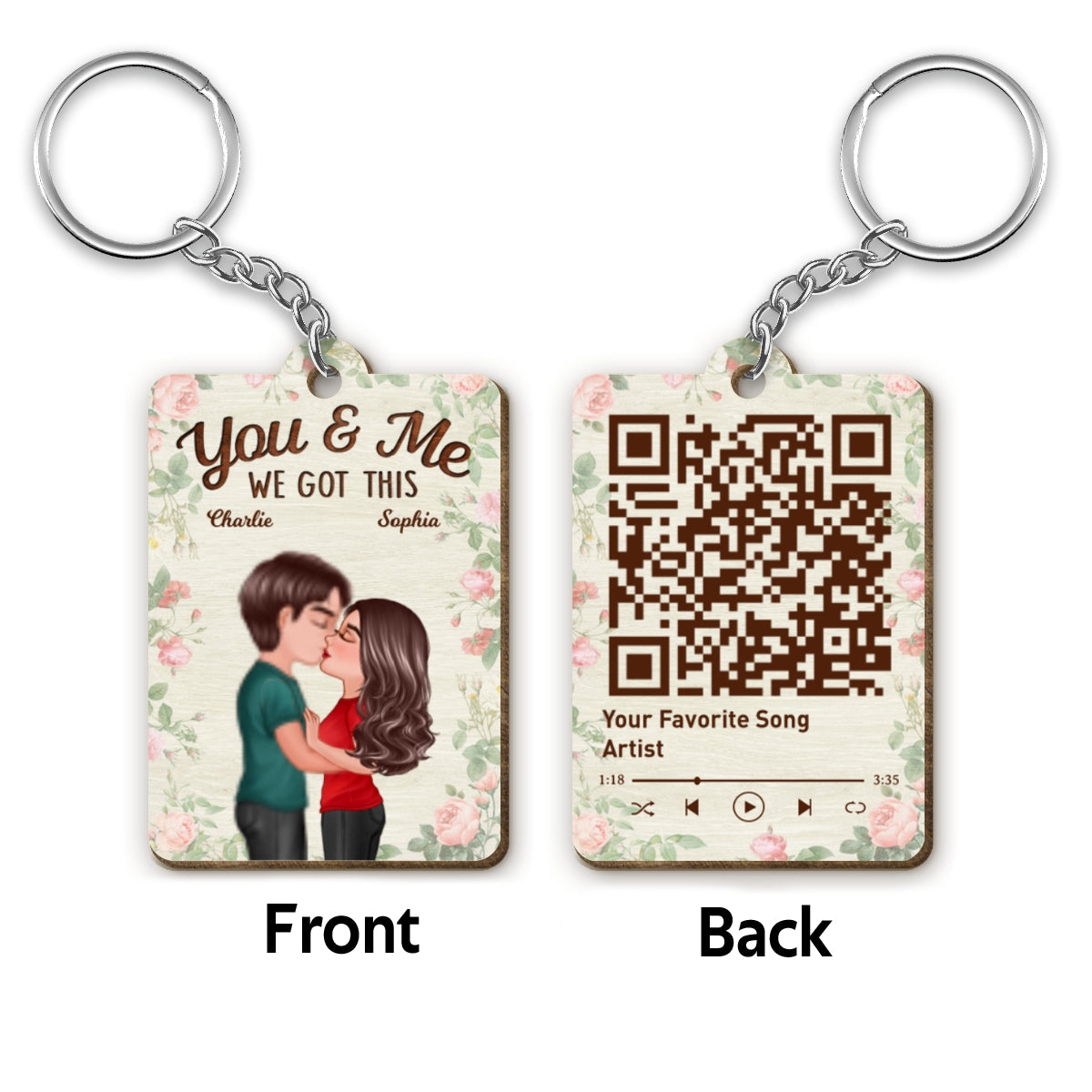 Roses Doll Couple Kissing Favorite Song Scannable QR Code Personalized Wooden Keychain
