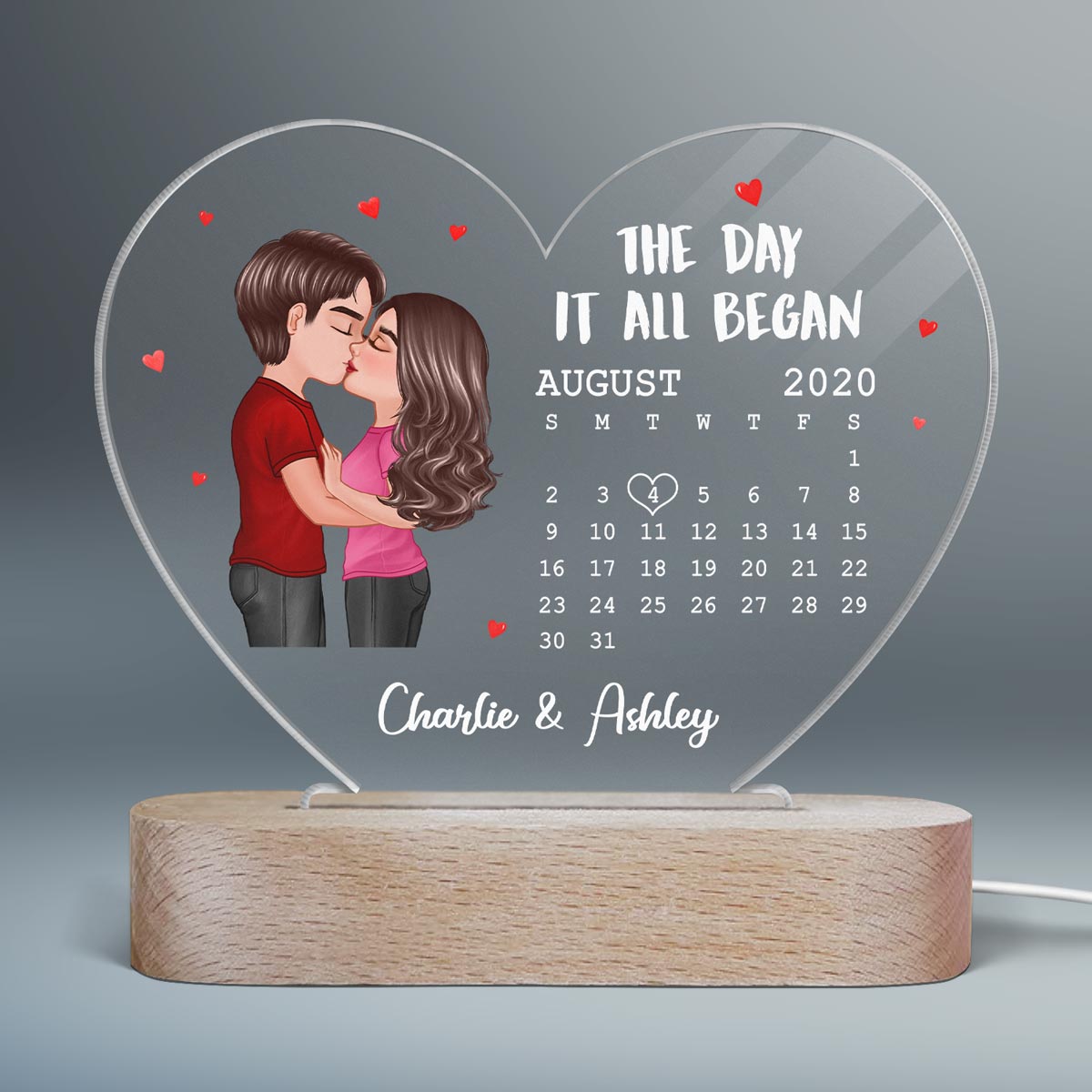 Doll Couple Kissing Calendar Anniversary Date Personalized Acrylic Heart Plaque LED Night Light