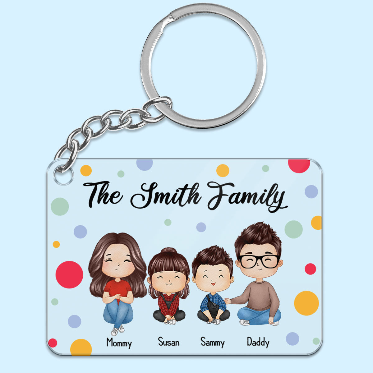 Polka Dot Pattern Whole Family Couple Dad Mom Kids Dogs Cats Watercolor Styles Sitting Personalized Acrylic Keychain