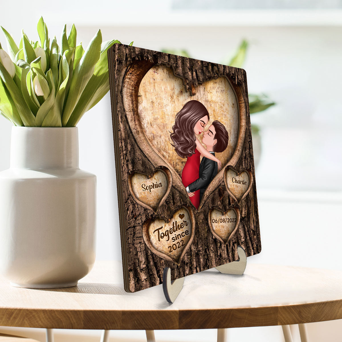 Couple Kissing Hearts Engraved On Tree Personalized 2-layer Wooden Plaque,  Gift For Him, For Her