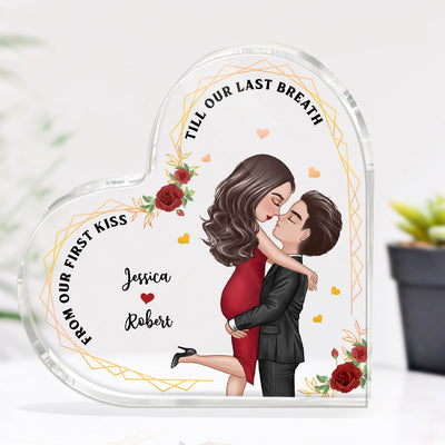Hugging Couple From Our First Kiss Couple Personalized Acrylic Heart Plaque