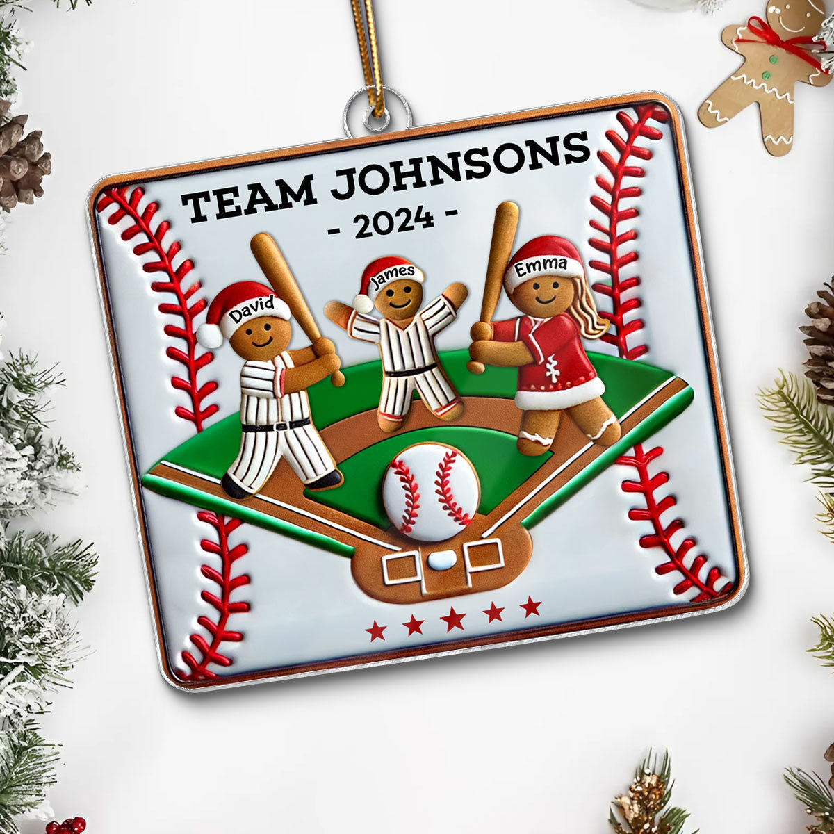 3D Effect Baseball Gingerbread Family Playing On Field Sport Lover Personalized Acrylic Ornament