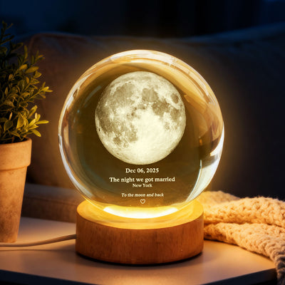 Couple Love to the Moon and Back Moon Phase by Date - Personalized Crystal Ball LED Night Light - Sentimental Valentine's Day Gift for Her, for Him