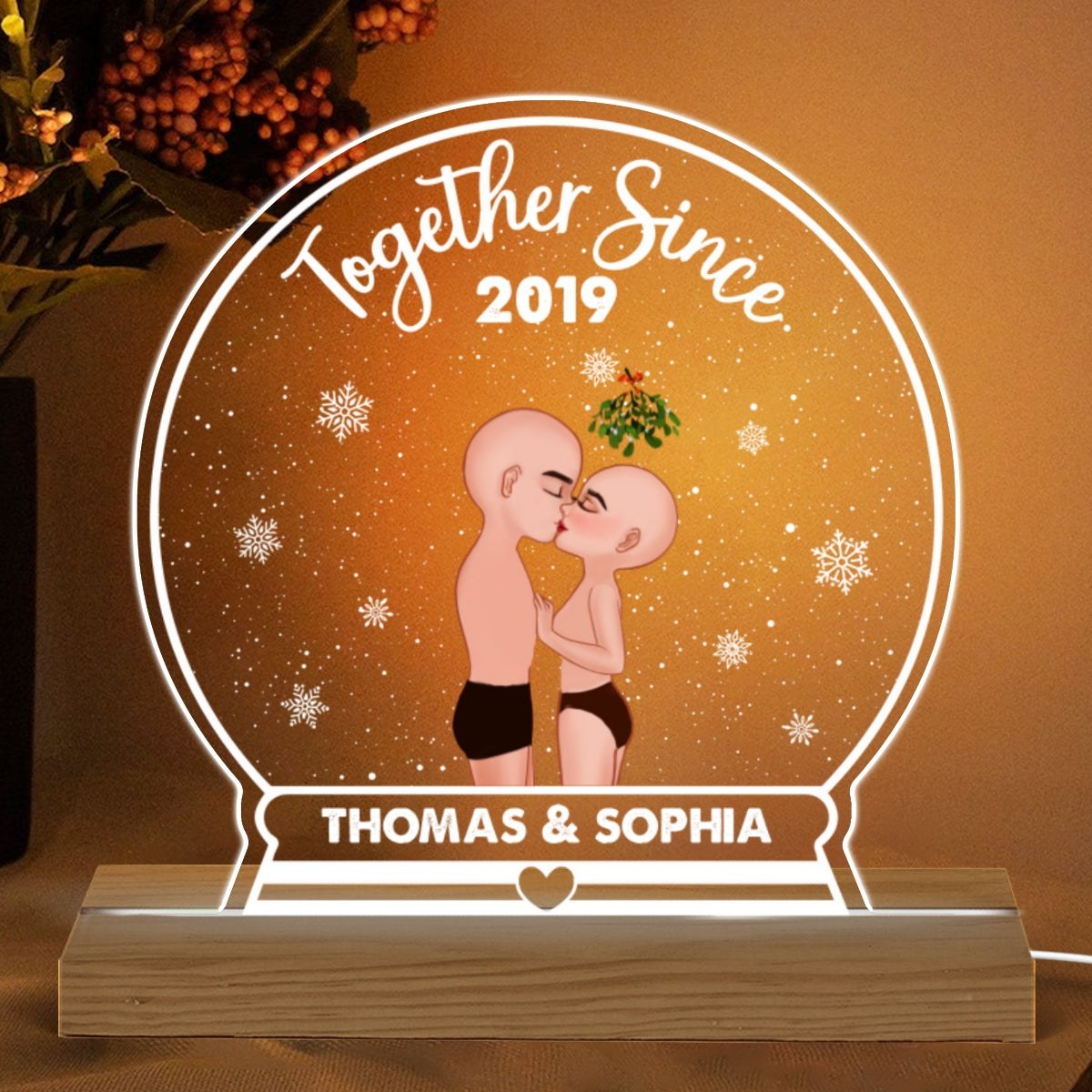 Couple Kissing Under Mistletoe Together Since Personalized Snow Globe Shaped Acrylic Plaque With LED Night Light