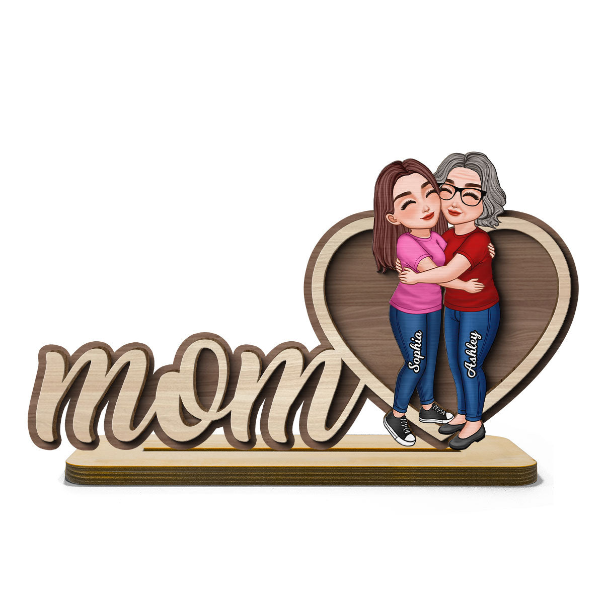 Mom Hugging Daughter Personalized 2-Layers Standing Wooden Plaque