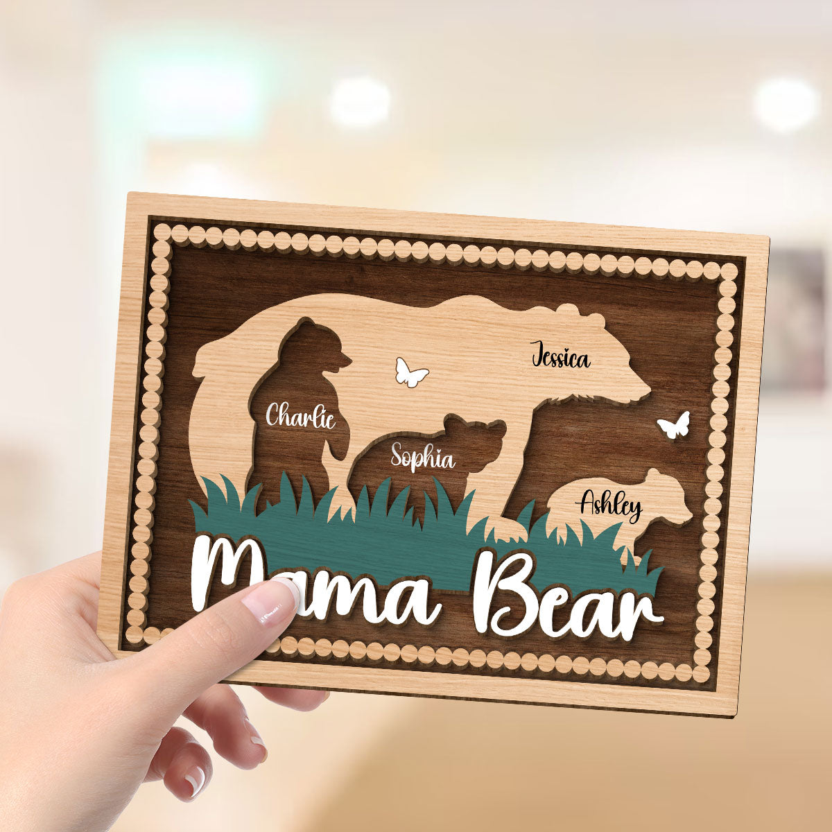 Mama Bear With Kids Names Personalized 2-Layer Wooden Plaque