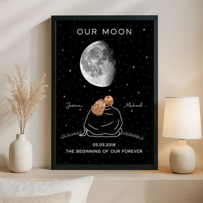 Couple Under Star Sky, Moon Phase Art Personalized Poster, Anniversary gift for him, for her