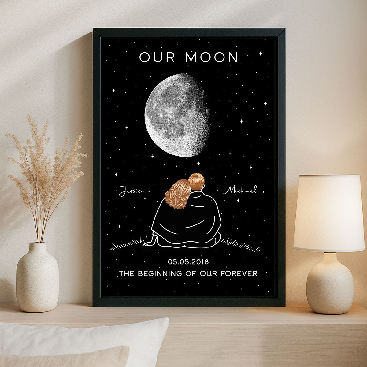 Couple Under Star Sky, Moon Phase Art Personalized Poster, Anniversary gift for him, for her