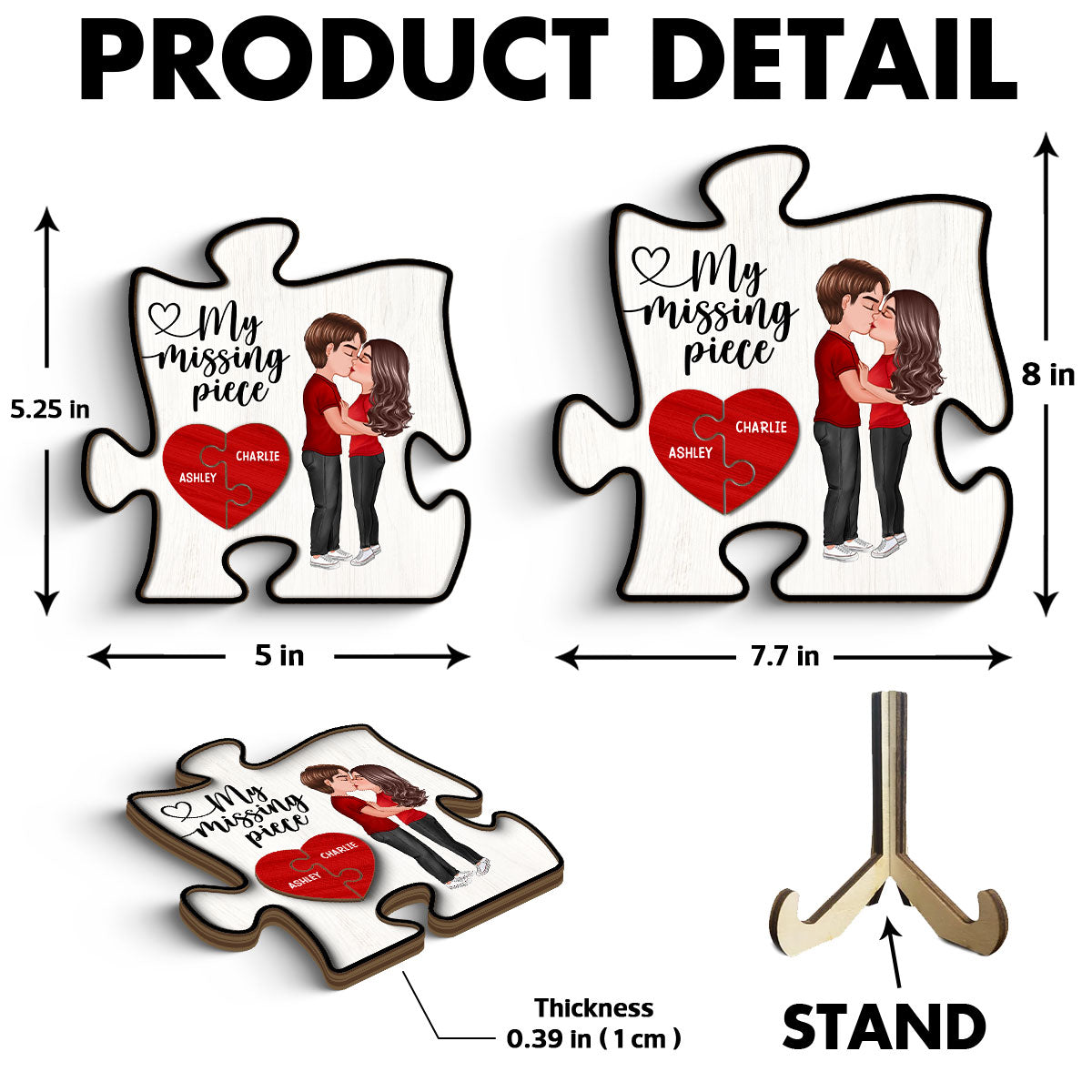 My Missing Piece Doll Couple Kissing Valentine‘s Day Gift Puzzle Shaped Personalized 2-Layer Wooden Plaque