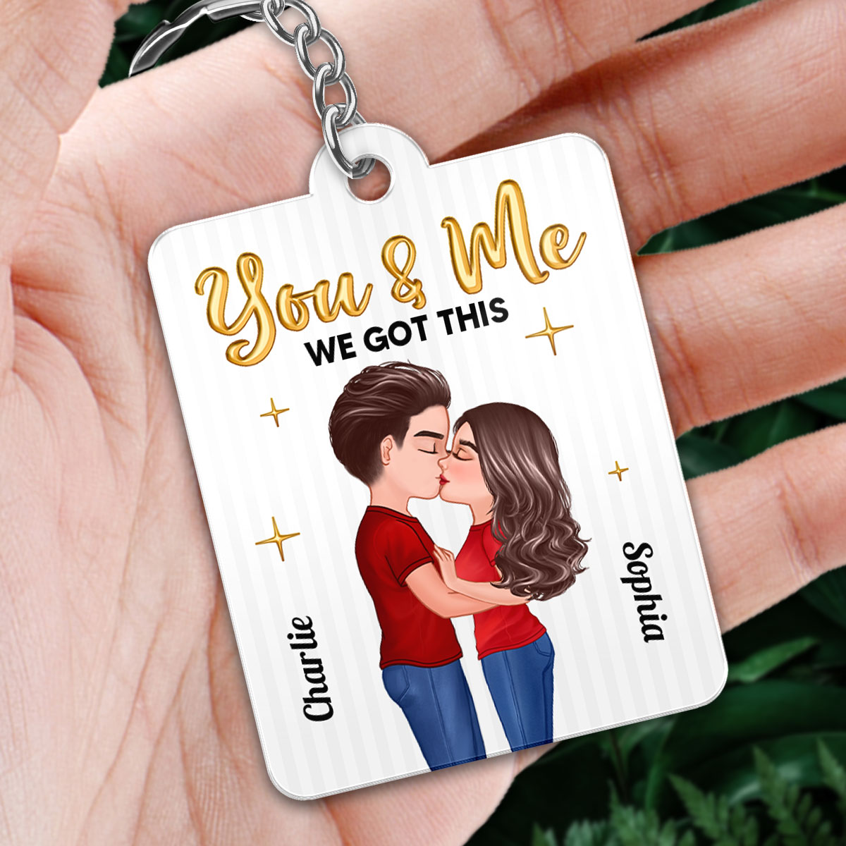 Doll Couple Kissing Golden Balloon Favorite Song QR Code Personalized Acrylic Keychain