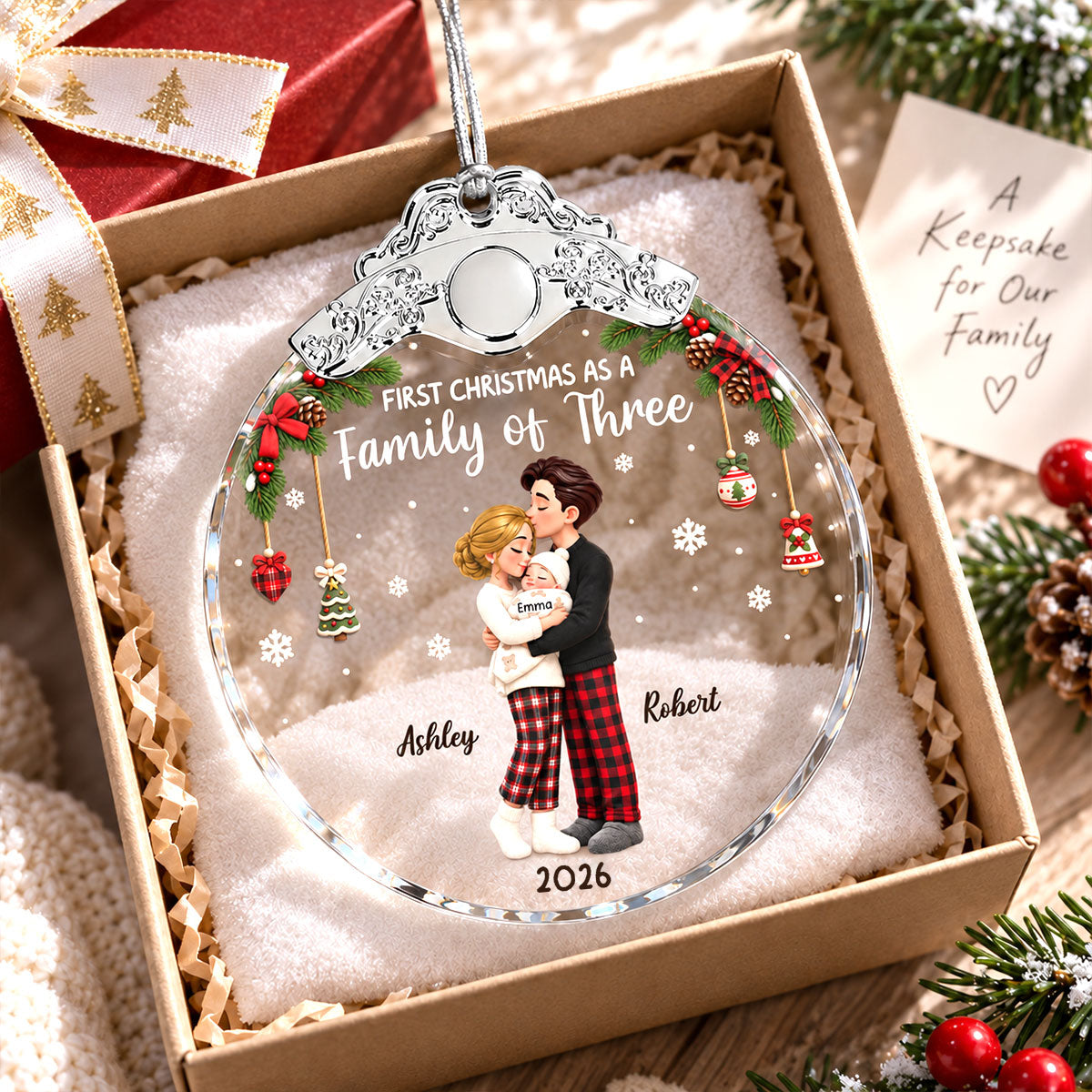 Our First Christmas As Family Of Three - Personalized Glass Ornament With Silver Cap - Christmas Tree Keepsake For New Parents