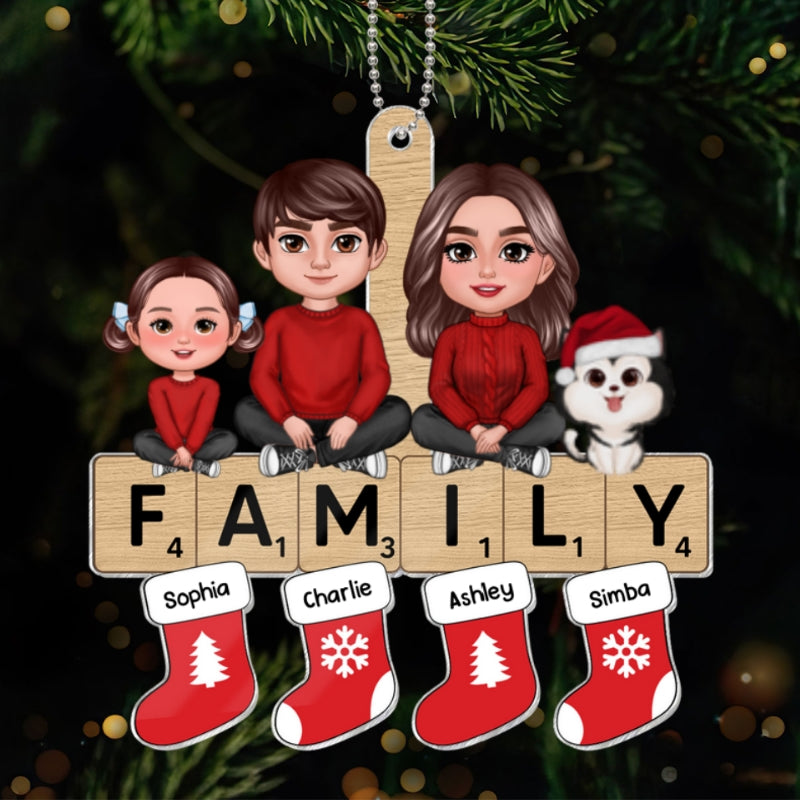 Doll Family Sisting On Word Puzzle Personalized Acrylic Ornament, Christmas Decoration