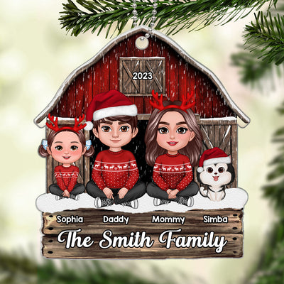 Family Sitting Crossed Legs Red Barn Christmas Gift Personalized Acrylic Ornament