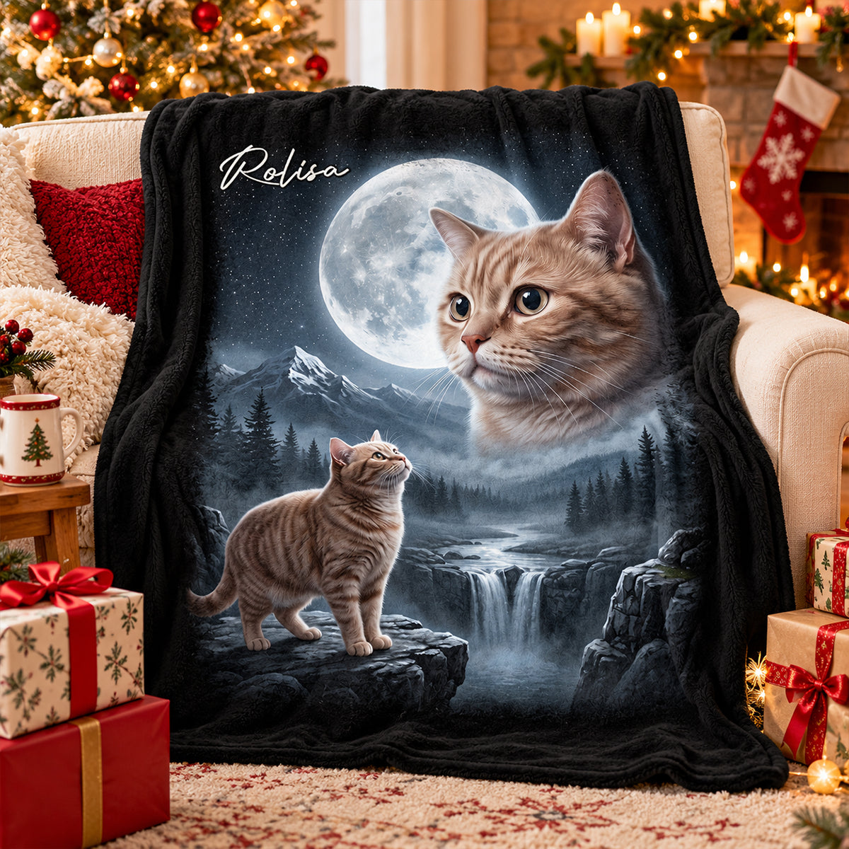 Cat Howling to the Moon Custom Pet Photo - Personalized Fleece Blanket - Halloween Gift for Cat Lovers