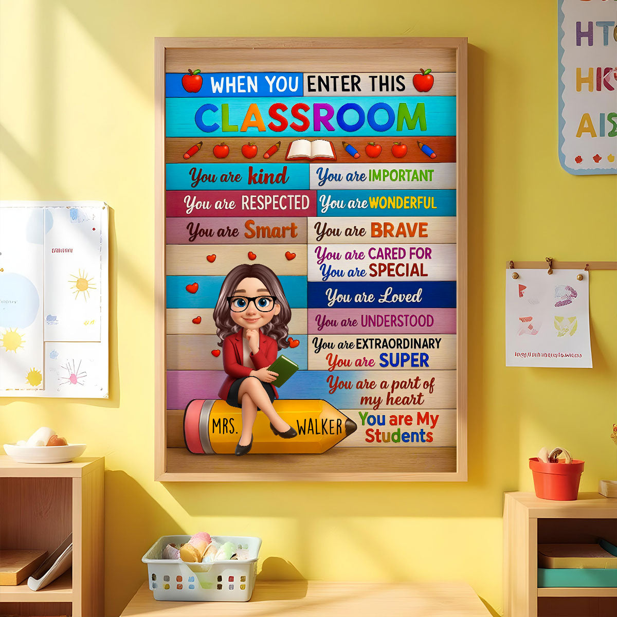 3D Cartoon Teacher Sitting On Pencil Personalized Poster, Classroom Decoration, Back To School Gift For Teacher