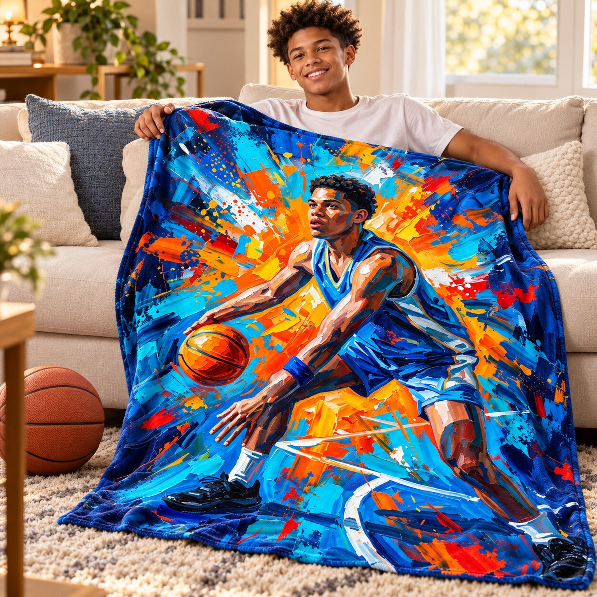 Modern Oil Painting Sport Photos Insert - Personalized Fleece Blanket - Gift For Boy, Girl