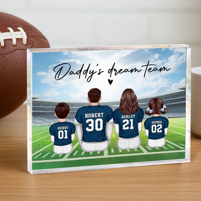 Daddy's Team Football Family Sitting Back View Personalized Acrylic Block, Father's Day Gift