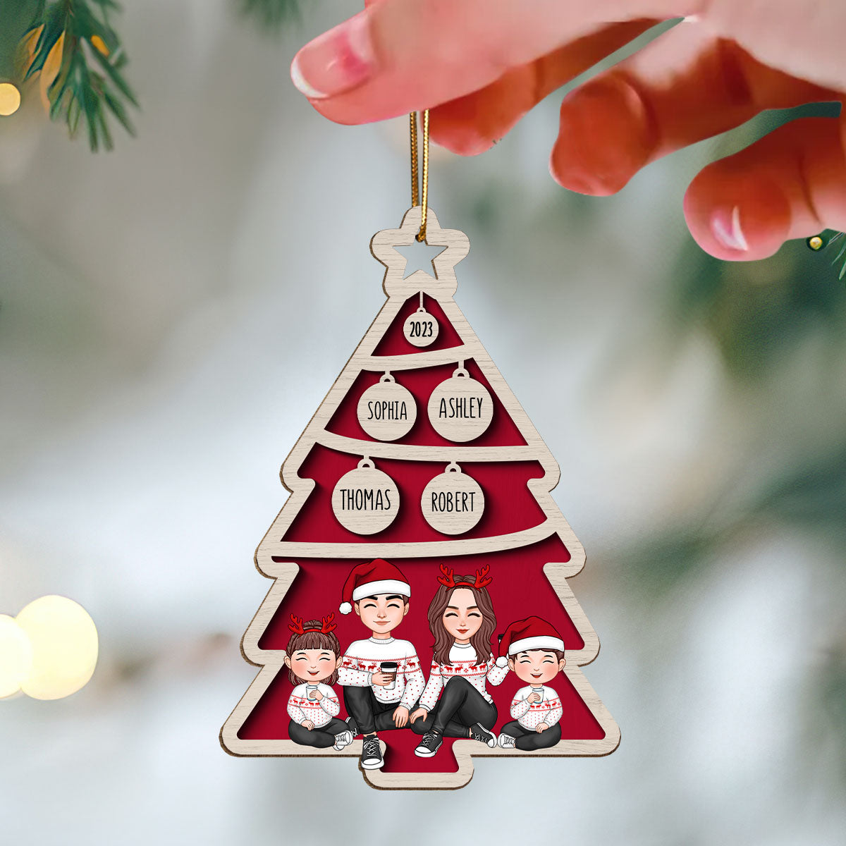 Family Sitting Christmas Tree Bauble Personalized Wooden Ornament