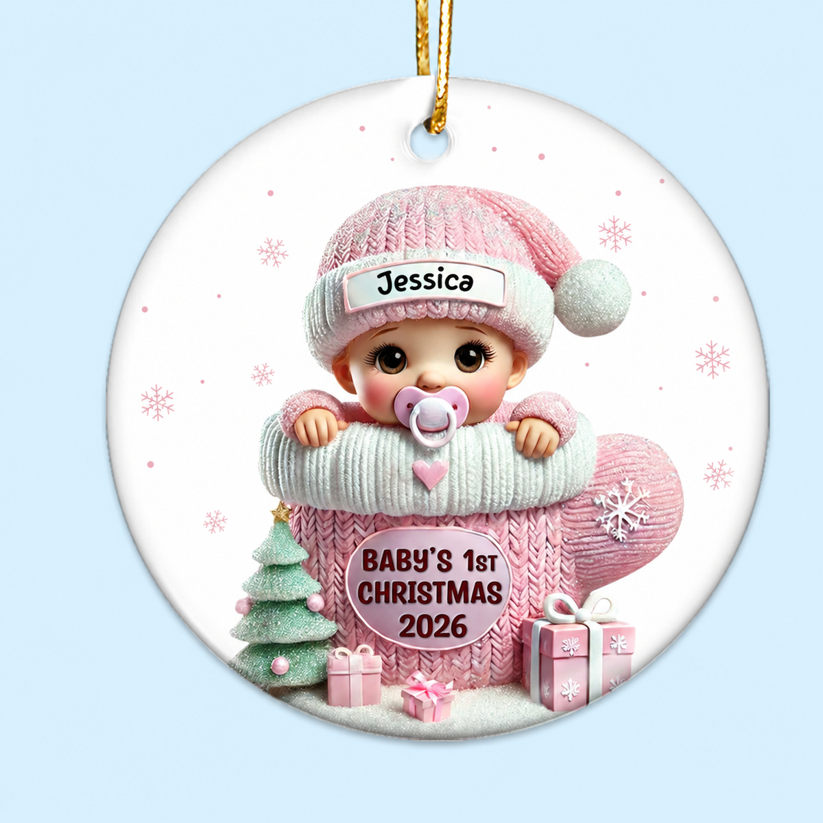 Baby In Mitten 3D Effect Baby's First Christmas Personalized Ceramic Flat Ornament