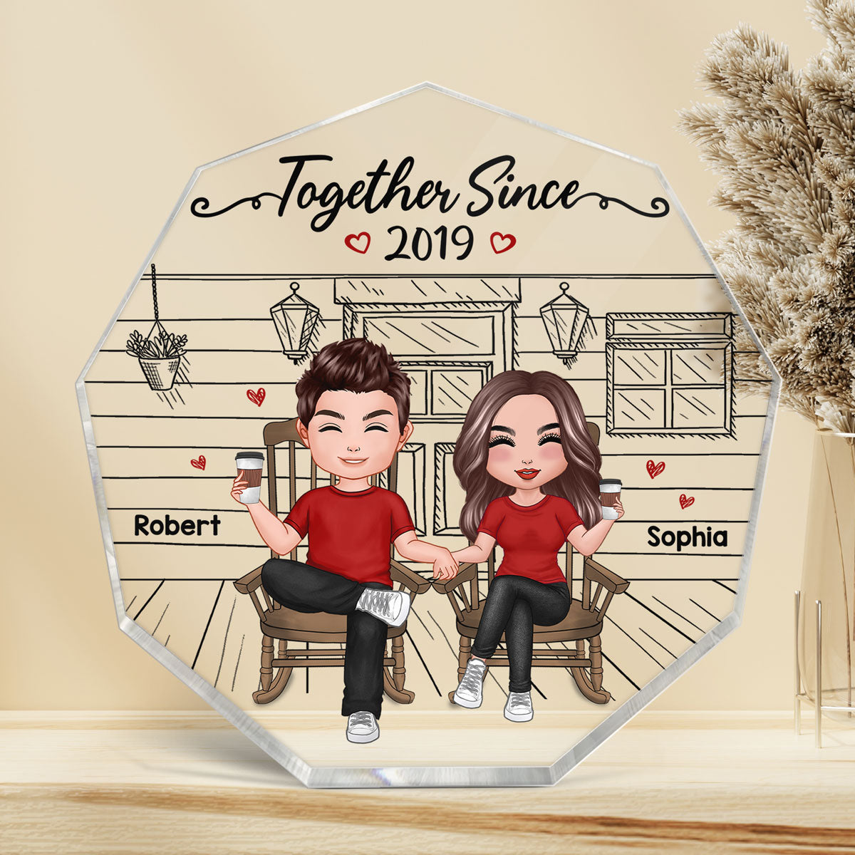 Couple Sitting Front Porch Sketch Personalized Nonagon Acrylic Plaque
