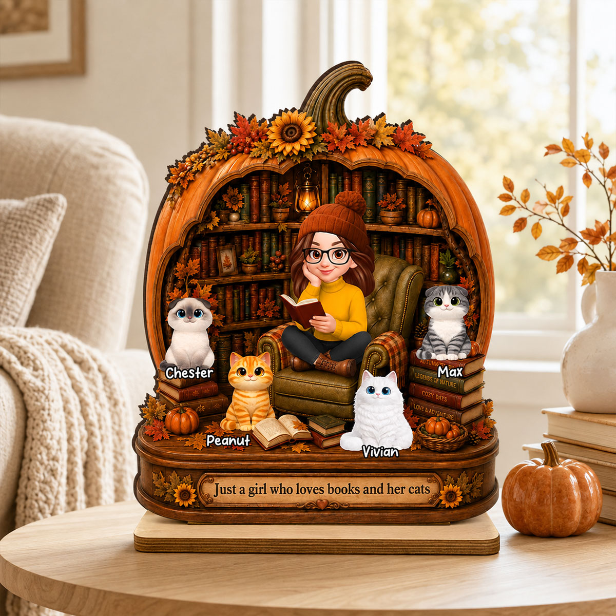 Reading Girl Who Loves Books And Her Cats - Personalized 2-Layered Wooden Plaque - Fall Season Decor Gift, Gift For Book Lovers