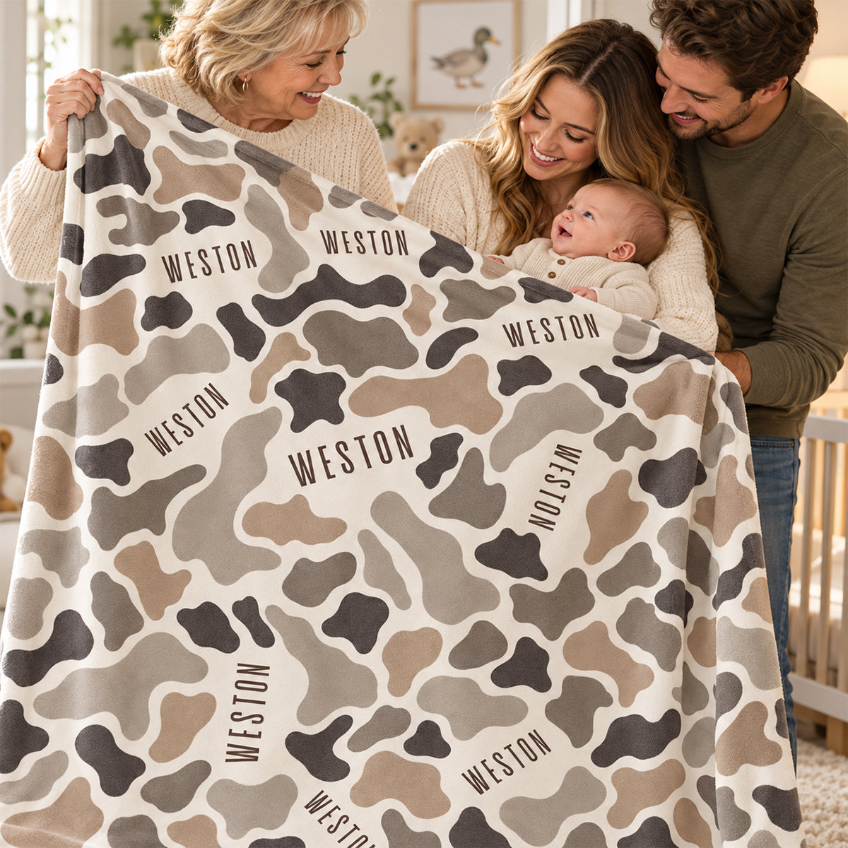 Wildlife Camo Print Custom Baby Name - Personalized Fleece Blanket - Nursery Hunting Theme For Baby Boy