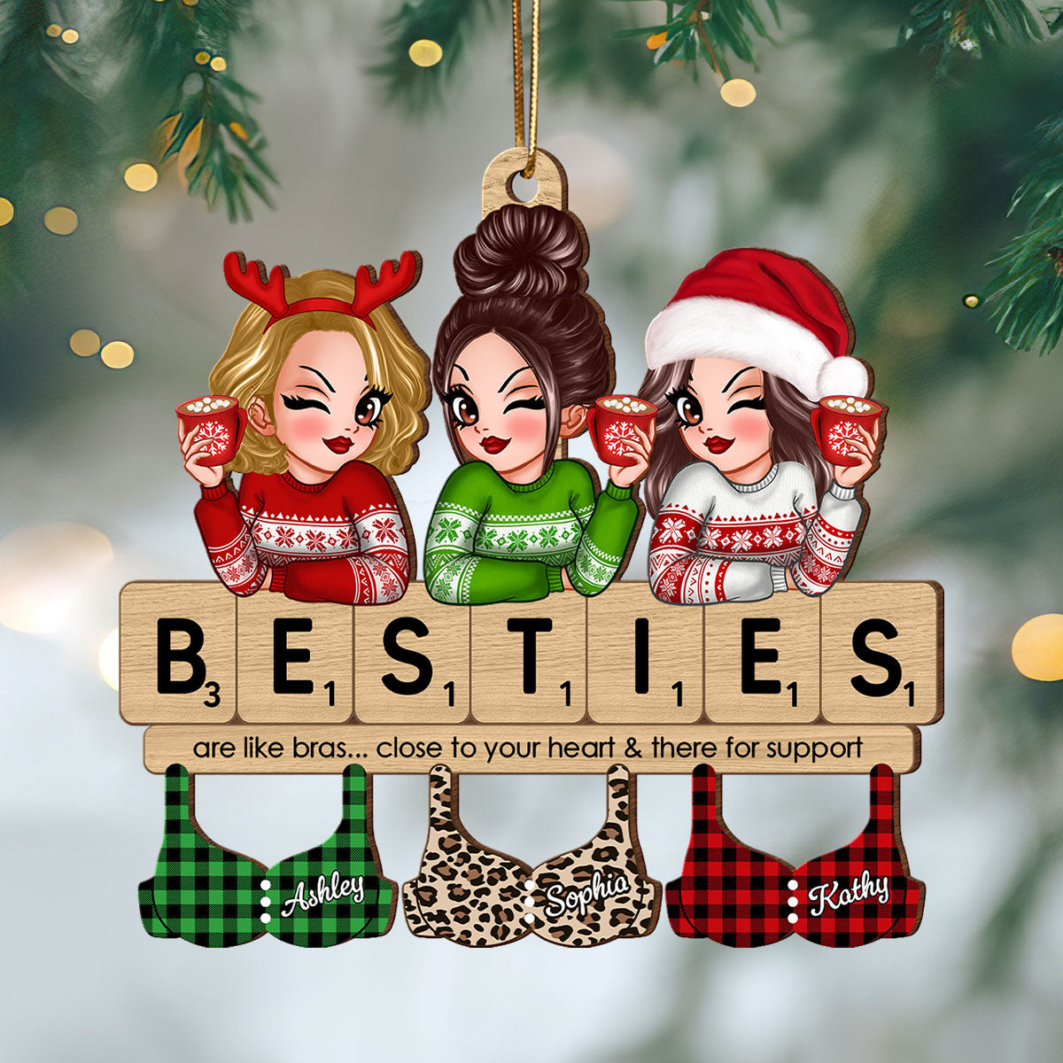 Friends Are Like Bras Girls Sitting On Puzzle Words Personalized Wooden Ornament
