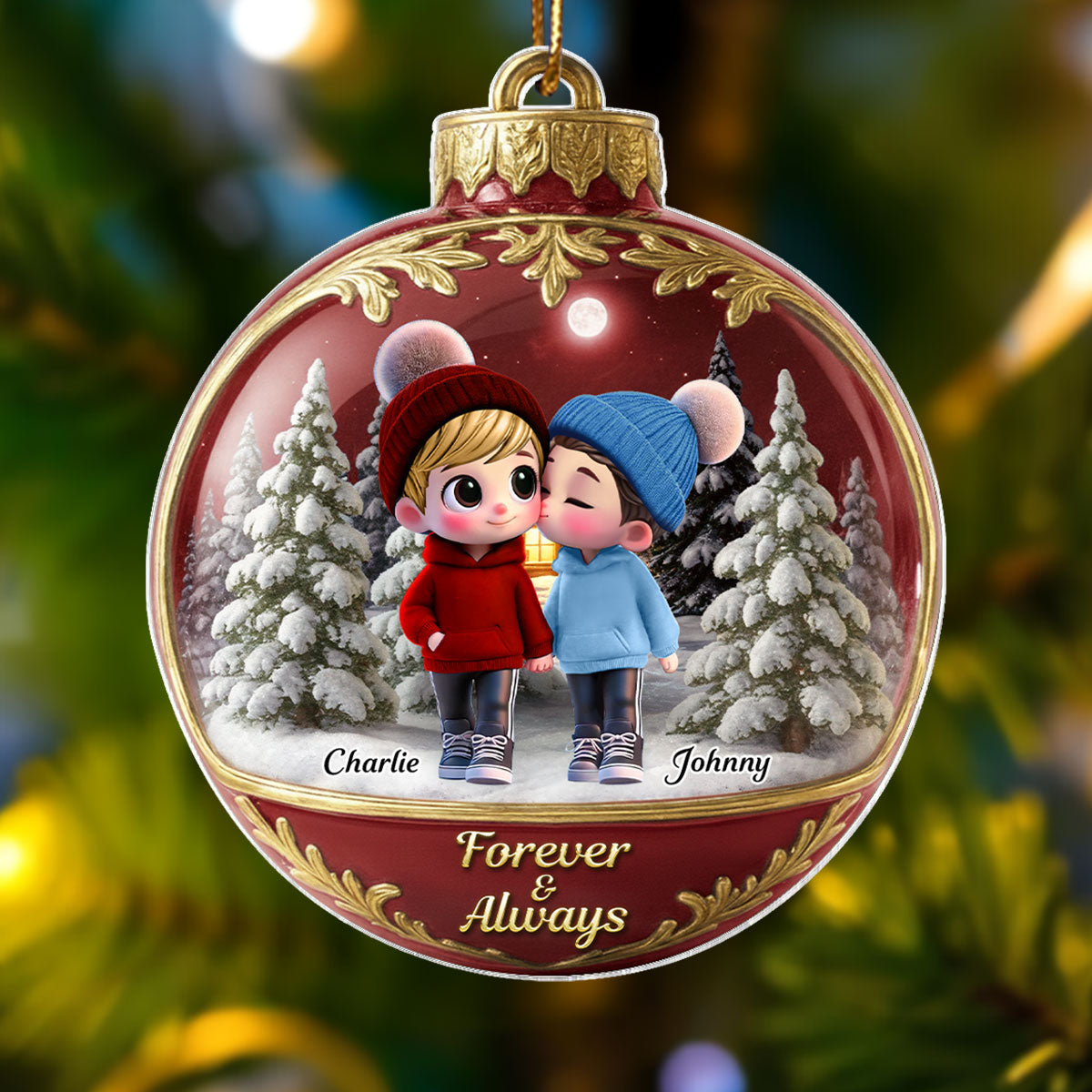 3D Effect Snow Globe Cartoon Couple Walking - Personalized Acrylic Ornament - Christmas Gift for him, Gift for her
