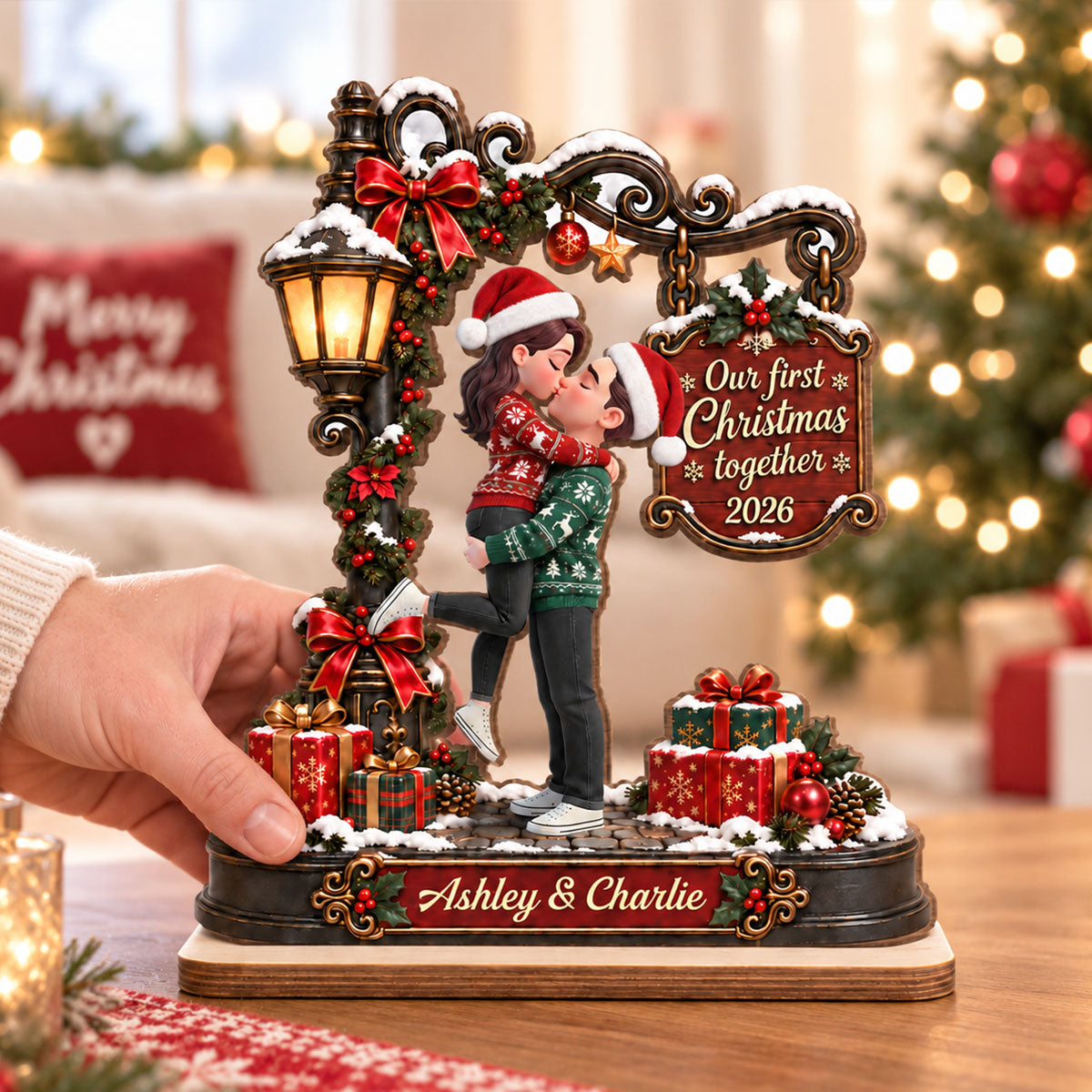 Eternal Love Couple Our First Christmas Together - Personalized 2-Layered Wooden Plaque - Christmas Gift, Anniversary Gift For Couple, For Him, For Her, Christmas Tabletop Decor