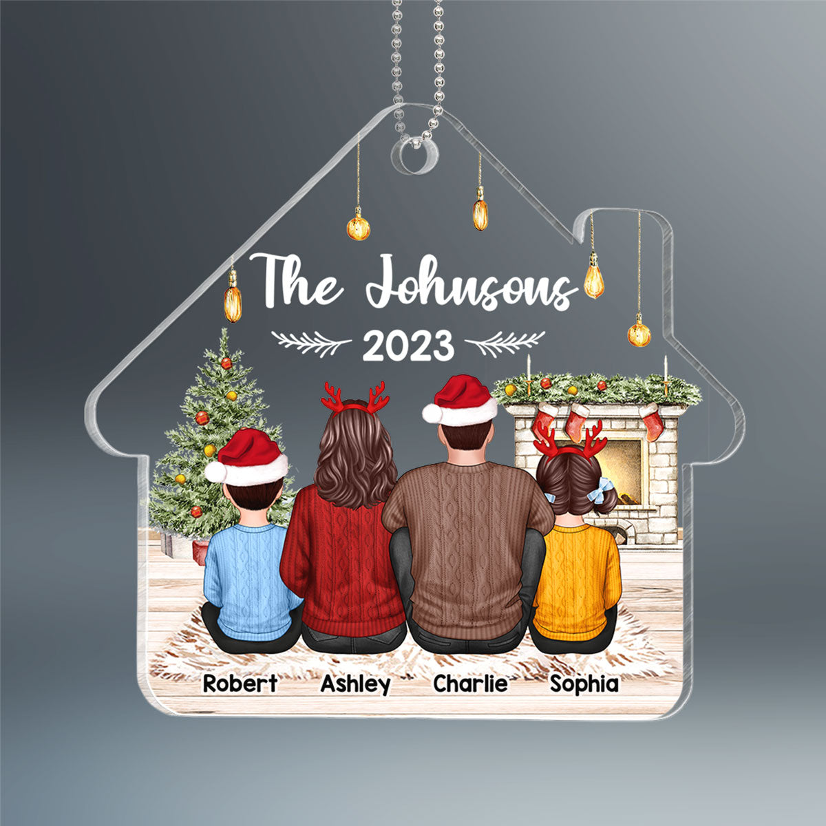 Family Sitting Back View House Shaped Personalized Acrylic Ornament