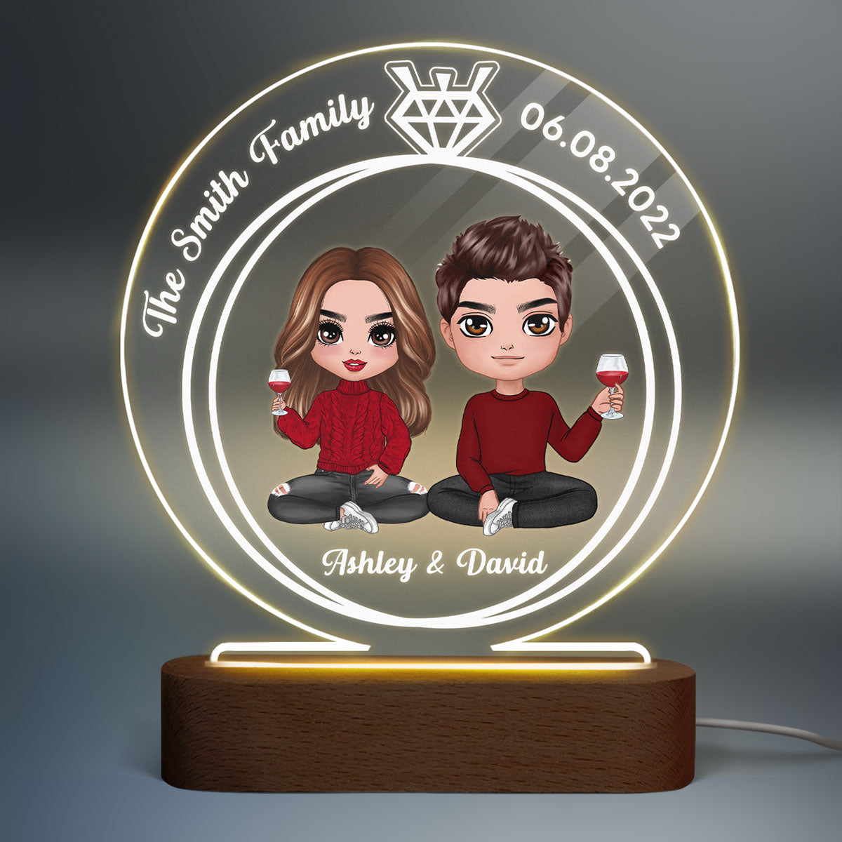 Doll Couple Sitting Ring Personalized Circle Plaque LED Night Light - Wedding Anniversary Gift