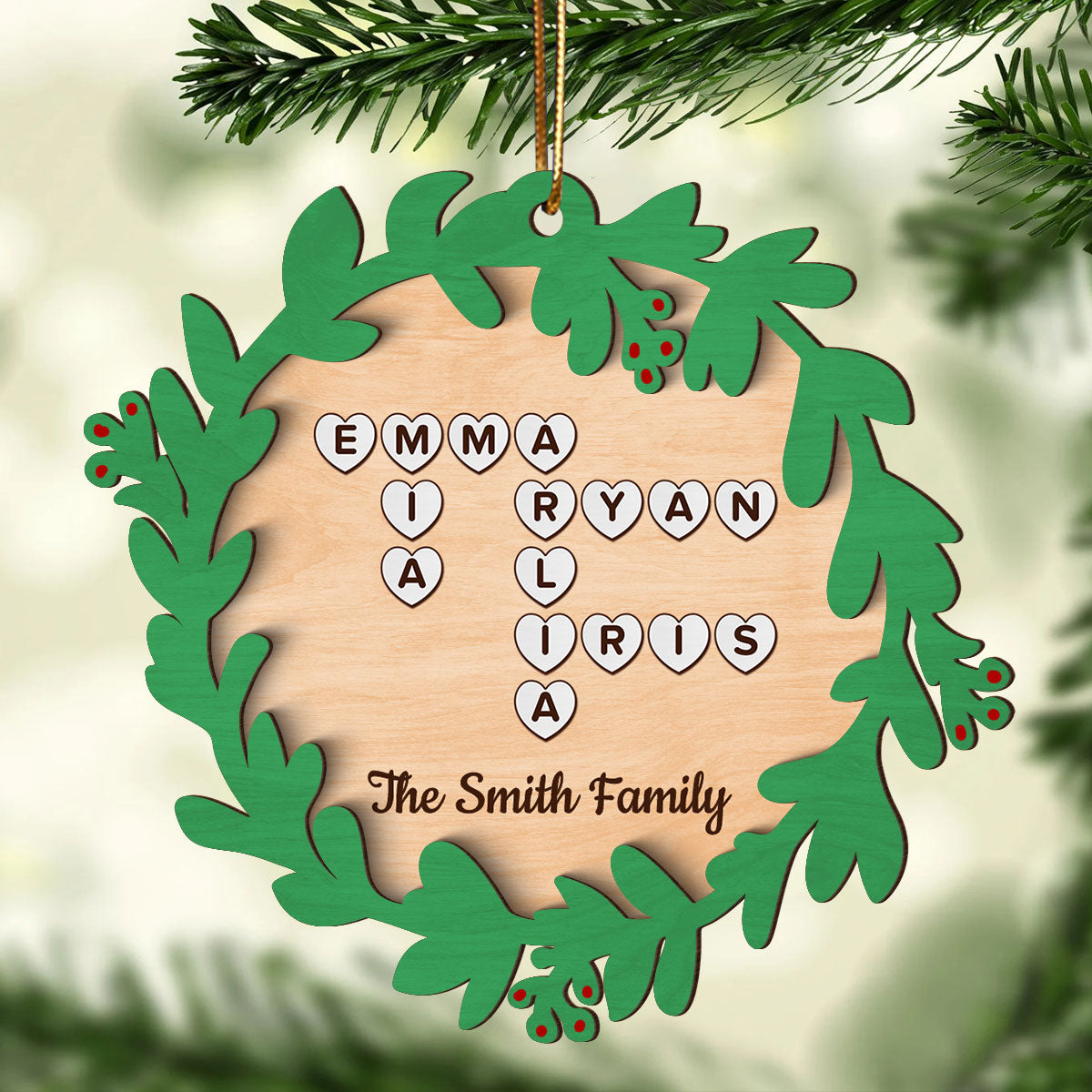 Family Names Crossword Puzzle Art Wreath Shaped Personalized 2-Layer Wooden Ornament