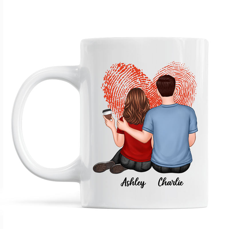Embracing Couple Back View Finger Print Heart Personalized Mug