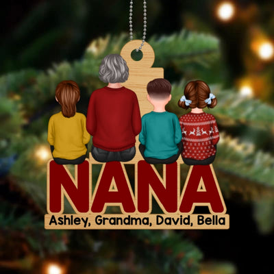 Grandma & Grandkids Back View Sitting 2022 Personalized Wooden Ornament