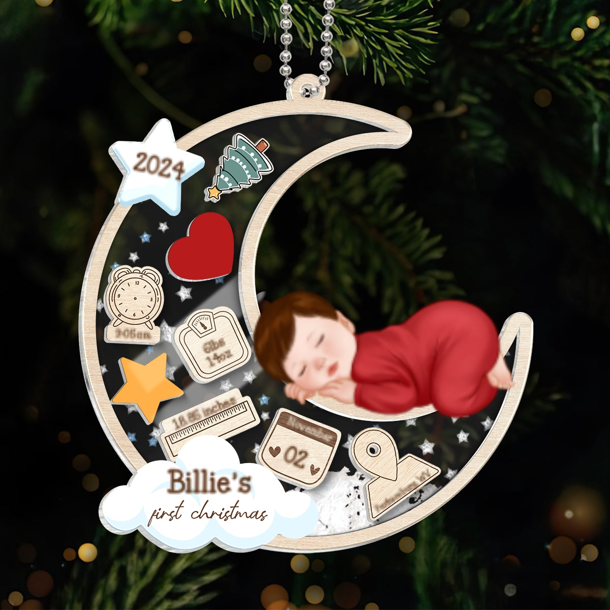 Baby Sleeping On Moon First Christmas Personalized 4D Shaker Ornament, Custom Newborn Gift