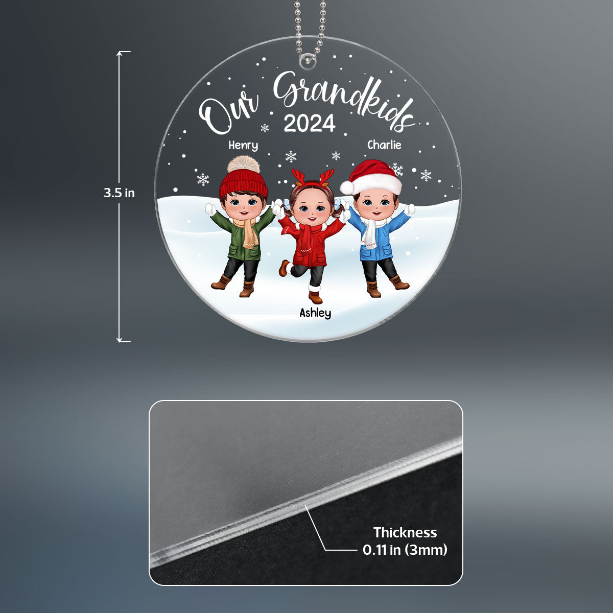 Our Grandkids Happy Doll Kids In Snow Personalized Acrylic Ornament