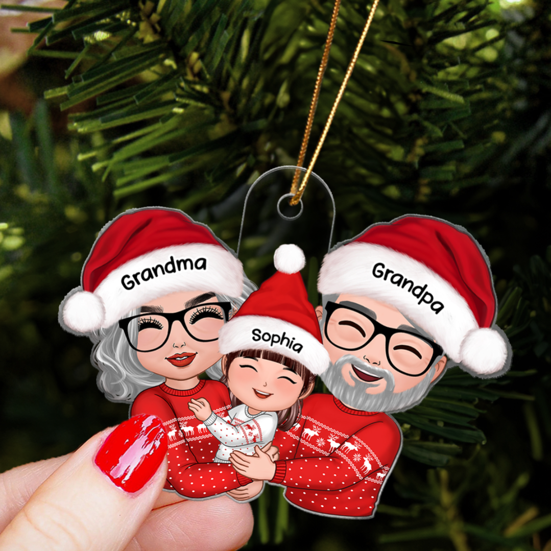 Doll Grandma Grandpa Hugging Kid Christmas Gift For Granddaughter Grandson - Personalized Acrylic Ornament - Gift For Granddaughter, Grandson