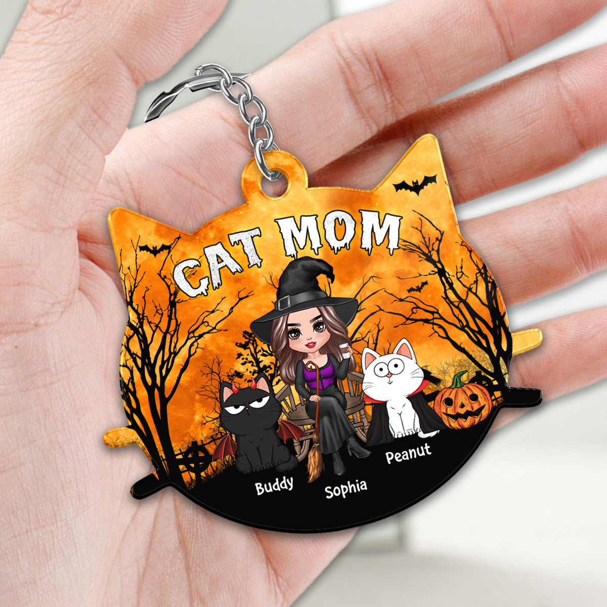 Halloween Cat Face Shaped Cat Mom Personalized Acrylic Keychain